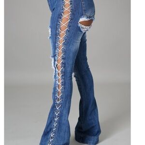 Blue Lace-Up Women Jeans